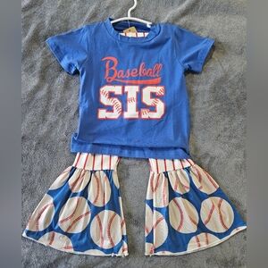 Blue 'Baseball SIS' Girls Tee & Baseball Print Bell Pants Set